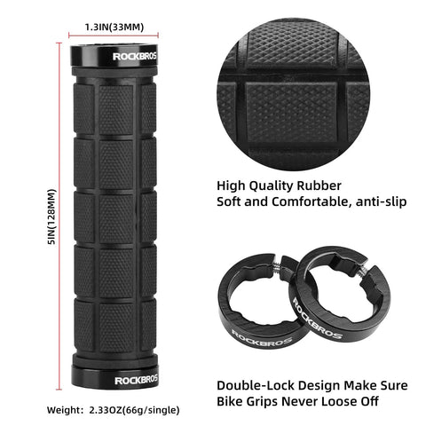 Double Lock On Bike Handlebar Grips Set 4 Pcs 2 Pairs Non Slip Comfortable Rubber Grips shown with dimensions and features