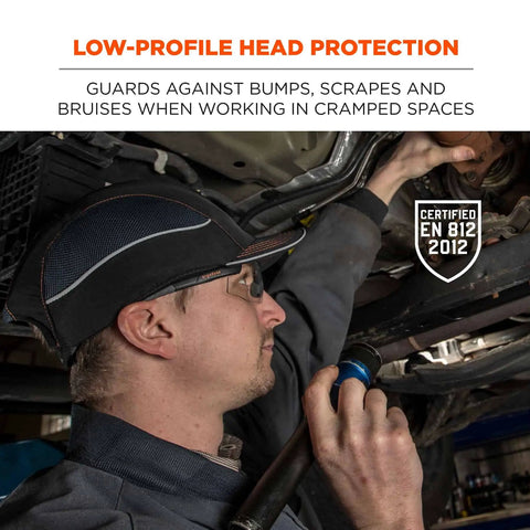 Skullerz 8950 Bump Cap Baseball Style Hard Hat Alternative With Removable Foam Padding, Micro Brim, Breathable Side Vents, Reflective Piping For Enhanced Visibility, Comfortable Head Protection Black