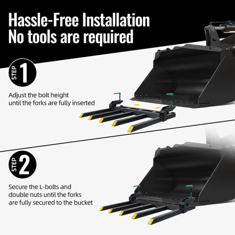 Installation steps for Built Tough Clamp On Debris Forks For 48 To 60 Inch Buckets Pallet Forks For Skid Steer Loader And Tractor Clamp On Forks