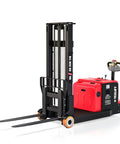Heavy Duty Electric Counterbalance Workhorse Pallet Stacker with 3300 Lb Capacity and 10 Foot Lift height in red and black design.