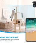 Smart 2K Home Security Camera Indoor WiFi Cam for Baby and Pets with motion detection icon on phone screen and cat climbing tree.