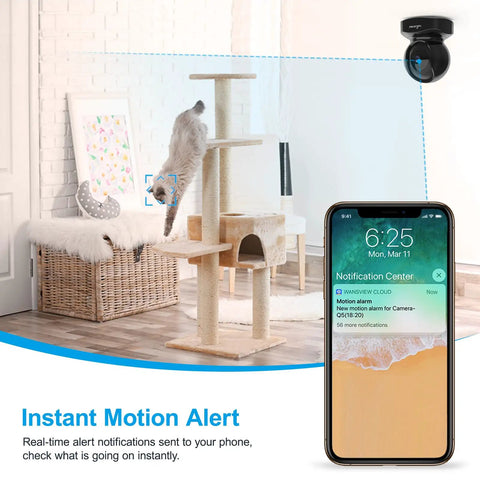 Smart 2K Home Security Camera Indoor WiFi Cam for Baby and Pets with motion detection icon on phone screen and cat climbing tree.