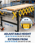 Rock Solid Heavy Duty Adjustable Roller Conveyor 1000 Lb Capacity 25 Inch Wide shown with adjustable height and length measurements.