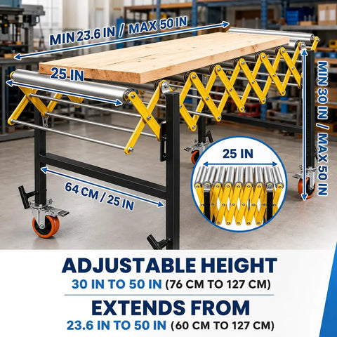 Rock Solid Heavy Duty Adjustable Roller Conveyor 1000 Lb Capacity 25 Inch Wide shown with adjustable height and length measurements.