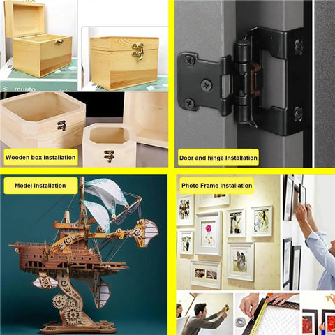 Collage of woodworking projects using Black Phillips Flat Head Wood Screws Size Six Gauge 35 Millimeter Carbon Steel 50 Pack