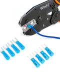 Crimping tool with Heat Shrink Fork Connectors Blue Marine Grade 16-14 Gauge Built To Last Spade Terminals on white background.