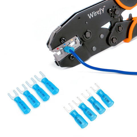 Crimping tool with Heat Shrink Fork Connectors Blue Marine Grade 16-14 Gauge Built To Last Spade Terminals on white background.