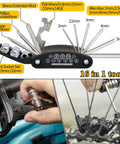 All In One Bike Repair Kit With Mini Pump And 16 In 1 Multitool, Tire Levers, 4mm And 5mm Allen Wrenches, Patches, Polish, And Handy Bag For Mountain And Road Bikes, Great For Camping And Travel, On The Go Quick Fix multitool with various tools displayed and being used on a bike.