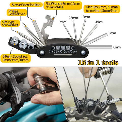 All In One Bike Repair Kit With Mini Pump And 16 In 1 Multitool, Tire Levers, 4mm And 5mm Allen Wrenches, Patches, Polish, And Handy Bag For Mountain And Road Bikes, Great For Camping And Travel, On The Go Quick Fix multitool with various tools displayed and being used on a bike.