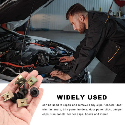 Rock Solid Car U Clip And Screw Assortment Kit With Heavy Duty Body Fasteners and Hella Tough Self Tapping Bolts for quick repair.
