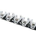 Metric Crowfoot Flare Nut Wrench Set With Three Eighths Inch Drive Ten Piece Sizes Ten Through Nineteen For Automotive Repair And Tight Spaces For Tight Auto Work And Everyday Repairs, 10-piece polished steel set on rail