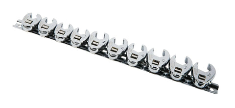 Metric Crowfoot Flare Nut Wrench Set With Three Eighths Inch Drive Ten Piece Sizes Ten Through Nineteen For Automotive Repair And Tight Spaces For Tight Auto Work And Everyday Repairs, 10-piece polished steel set on rail