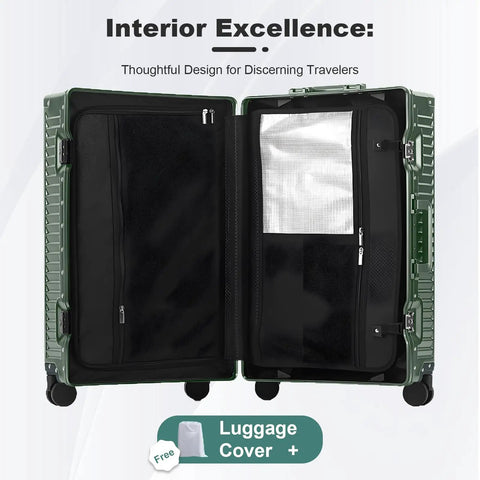 Open view of All Aluminum Carry On Luggage Airline Approved 20 Inch Hardside Spinner With Cup Holder And USB Charger TSA Lock Front Pocket Durable Suitcase For Women And Men Dark Green 22x14x9 showing interior compartments.