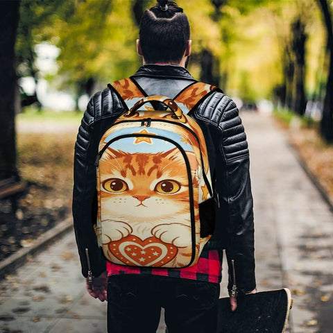 Person wearing Patriotic Tabby Printed Backpack Dope Everyday Carry Unisex Large Capacity Daypack Durable Polyester.