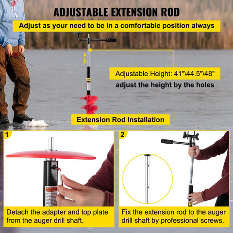 8 Inch Nylon Ice Fishing Auger Kit With 14 Inch Extension Rod And Drill Adapter, red auger installation steps