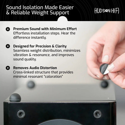Hand placing 8-Pack 0.75-Inch Platinum Silicone Speaker Isolation Pads with adhesive on subwoofer.