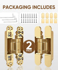 Heavy Duty Six Inch Hidden Door Hinges Two Pack Three Way Adjustable Invisible Concealed Hardware With Sleek Gold Finish, screws and tools included.