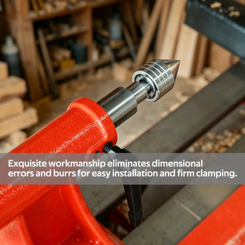 Mt2 To Mt1 Morse Taper Reducing Adapter Sleeve Zero Slack Shop Pro Pick For Woodworking Lathes Drill Presses Heavy Duty Steel Tailstock Tool attached to lathe with precise grip.