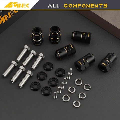 Beefed-Up Brass Wheel Spacers Kit 6Pcs With 15mm Wide Extension, 20mm Total Length, 12mm Hub Spacers For Axial TRX6 1 To 10 RC Crawler Upgrades, Heavier Weight To Improve Stability, Traction, And Handling On Rough Terrain., black brass RC wheel spacers kit with bolts and washers