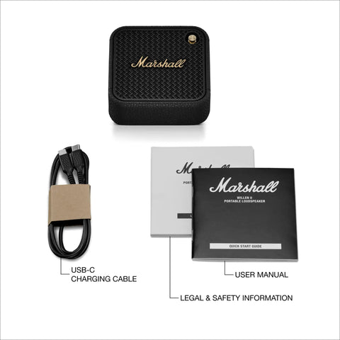 Willen II Portable Bluetooth Speaker With Rugged Waterproof And Dust Proof Design, USB-C cable, manuals, black and brass