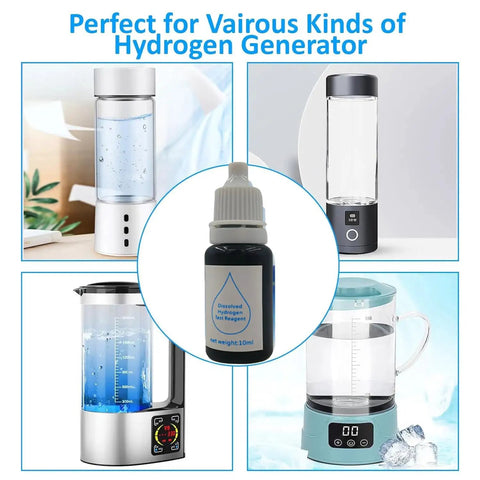 Dissolved Hydrogen Water Tester Kit With Blue Drops Reagent for Accurate Ppm Readouts bottle next to hydrogen generators.