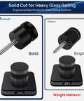 Comparison of Heavy Duty Glass Railing Standoff Set weights, solid vs hollow, shown on scales, matte black stainless steel.
