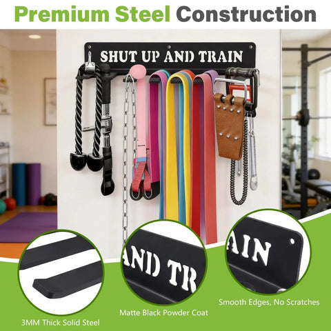 Built Like A Tank Wall Mounted Workout Gear Organizer Rack With Eight Heavy Duty Hooks For Hanging Barbells Resistance Bands Jump Ropes And Belts In Garage Or Home Gyms, featuring heavy-duty steel and vibrant resistance bands.