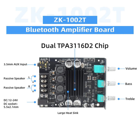 Dope Dual Chip Bluetooth Amplifier Board 100W Per Channel 200W Total For Home Audio With AUX Input And Wireless Bluetooth Support Wide 12 To 24V Input Class D featuring dual TPA3116D2 chips.