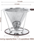 Pour Over Coffee Dripper With Stainless Steel Filter Reusable Paperless Cone Dripper With Removable Cup Easy To Clean Double Layer 800 Mesh Pro Grade Brew Accessory For Rich Flavor At Home, showing dimensions and brewing capacity.