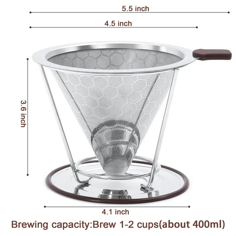 Pour Over Coffee Dripper With Stainless Steel Filter Reusable Paperless Cone Dripper With Removable Cup Easy To Clean Double Layer 800 Mesh Pro Grade Brew Accessory For Rich Flavor At Home, showing dimensions and brewing capacity.