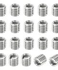 Front view of 20 stainless steel thread adapter sleeves; M6x1 male to M4x0.7 female reducing nuts