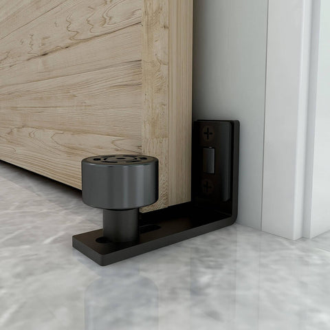 Sliding Barn Door Floor Guide With Adjustable Wall Mount and Bottom Double Nylon Rollers, Black Finish, Installed on Floor