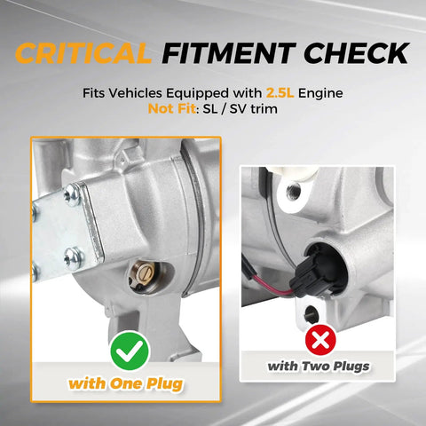 Critical fitment check for Robust Ac Compressor With Clutch Oem Replacement For Nissan Altima 2.5 L Engine, showing one versus two plugs.