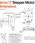 NEMA 17 stepper motor dimension diagram showing front and side views, 4-wire wiring, and pinout connectors.