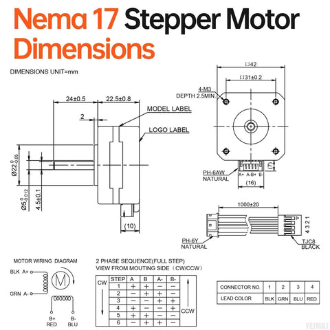NEMA 17 stepper motor dimension diagram showing front and side views, 4-wire wiring, and pinout connectors.