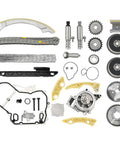 Full Timing Chain Kit Water Pump With VCT Solenoid Actuator Gear For 2.4L GM Engines 2009 To 2017 laid out with components visible