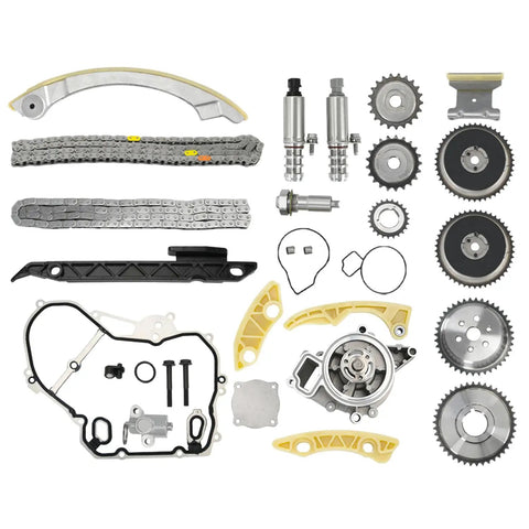 Full Timing Chain Kit Water Pump With VCT Solenoid Actuator Gear For 2.4L GM Engines 2009 To 2017 laid out with components visible