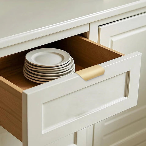 Open kitchen drawer with 10 Pack Brushed Gold Edge Finger Cabinet Pulls 3.15 Inch Aluminum Drawer Handles installed