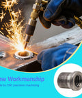 Hella Secure Eight Pack Weld On Nut Tabs Half Inch Thirteen Thread For Casters Leveling Feet And Furniture Builds Durable steel insert being welded into metal with sparks flying.