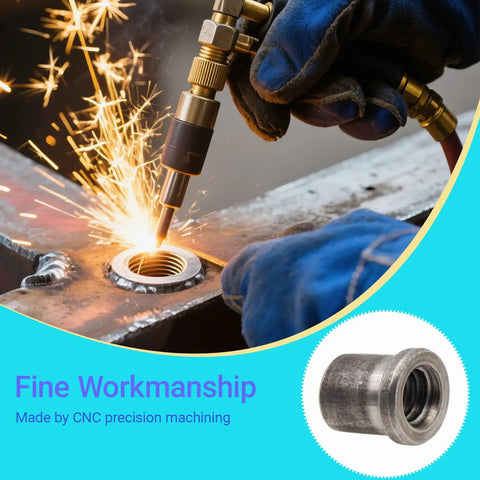 Hella Secure Eight Pack Weld On Nut Tabs Half Inch Thirteen Thread For Casters Leveling Feet And Furniture Builds Durable steel insert being welded into metal with sparks flying.