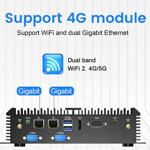 Rugged Fanless Industrial Mini PC Desktop with Intel Core i5, showcasing dual Gigabit Ethernet and communication ports.