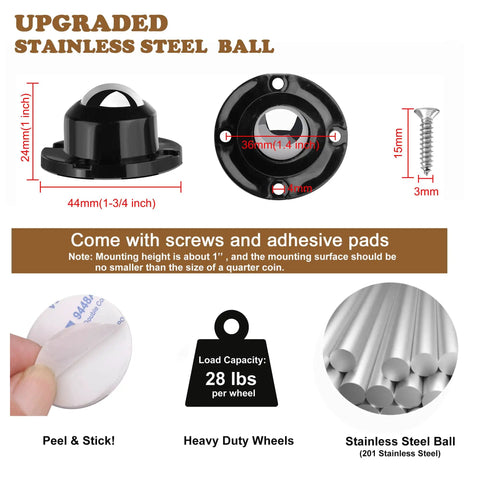 Top Shelf Stainless Steel Furniture Casters Four Pack Anti Rust Heavy Duty Mini Roller Wheels For Couches Sofas Slick Glide Silent Movement One Inch Height Metal Hardware Included Ready To Roll Anytime Badass Toughness parts including upgraded stainless steel ball and screws.