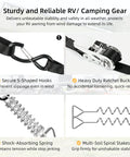 RV Awning Tie Down Kit With Shock Absorbing Springs And 13ft Ratchet Straps, includes S-shaped hooks and spiral stakes diagram.