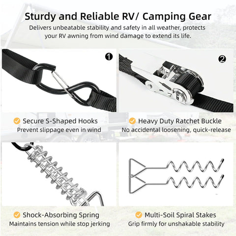 RV Awning Tie Down Kit With Shock Absorbing Springs And 13ft Ratchet Straps, includes S-shaped hooks and spiral stakes diagram.