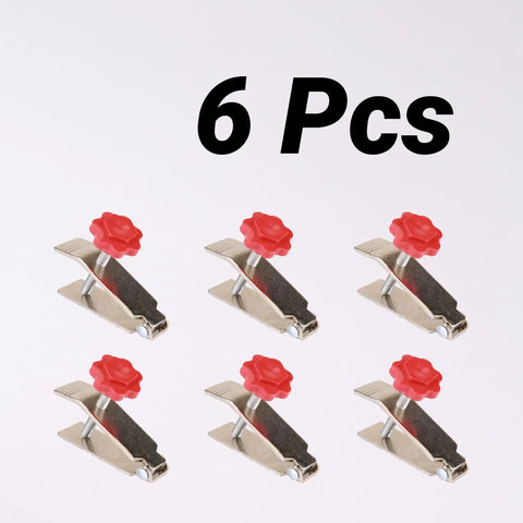 Premium Six Piece Tile Leveling Kit With Heavy Duty Adjustable Lifters For Walls And Floors Quick Height Setup No Sweat Manual Positioning Tools For Weekend DIY Warriors, six metal clamps with red knobs.