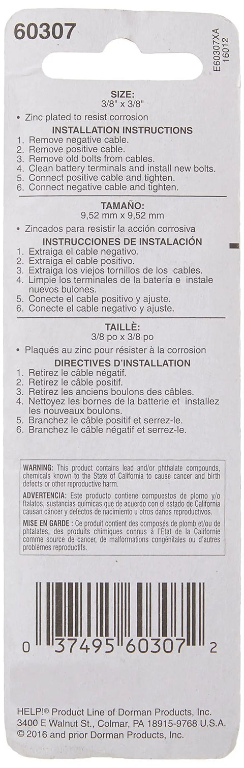 Installation instructions for Heavy Duty Side Battery Terminal Bolts 3/8 16 Thread 1 1/8 Inch Long Genuine Steel.