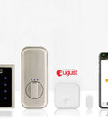 Motorized Touchscreen Smart Deadbolt With Wifi Enabled Keyless Entry Lock In Satin Nickel Finish And August Connected Security System shown with app.