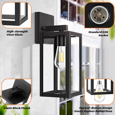 Built Tough 2 Pack Waterproof Outdoor Wall Lanterns, Rust Resistant Black Sconces With Shatterproof Clear Glass on wall with bulb.