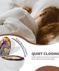 Round Resin Toilet Seat for Bathroom in soft close design, shown above a toilet, demonstrating quiet closing feature.