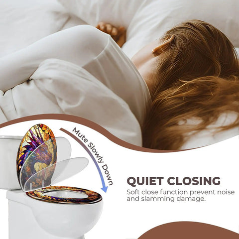 Round Resin Toilet Seat for Bathroom in soft close design, shown above a toilet, demonstrating quiet closing feature.